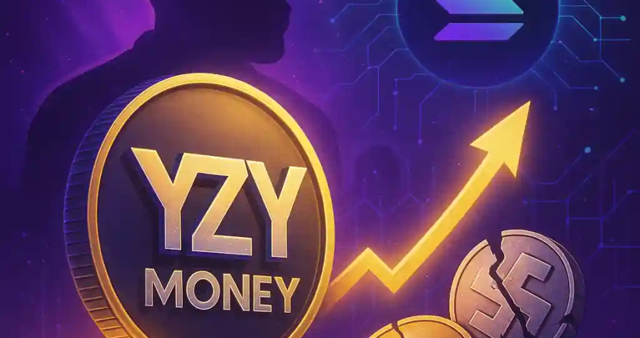 Illustration du lancement de la cryptomonnaie Kanye West YZY Money sur Solana, avec un jeton doré YZY, la silhouette de Ye et des fragments de Yeezy Coin et Swasticoin brisés.
