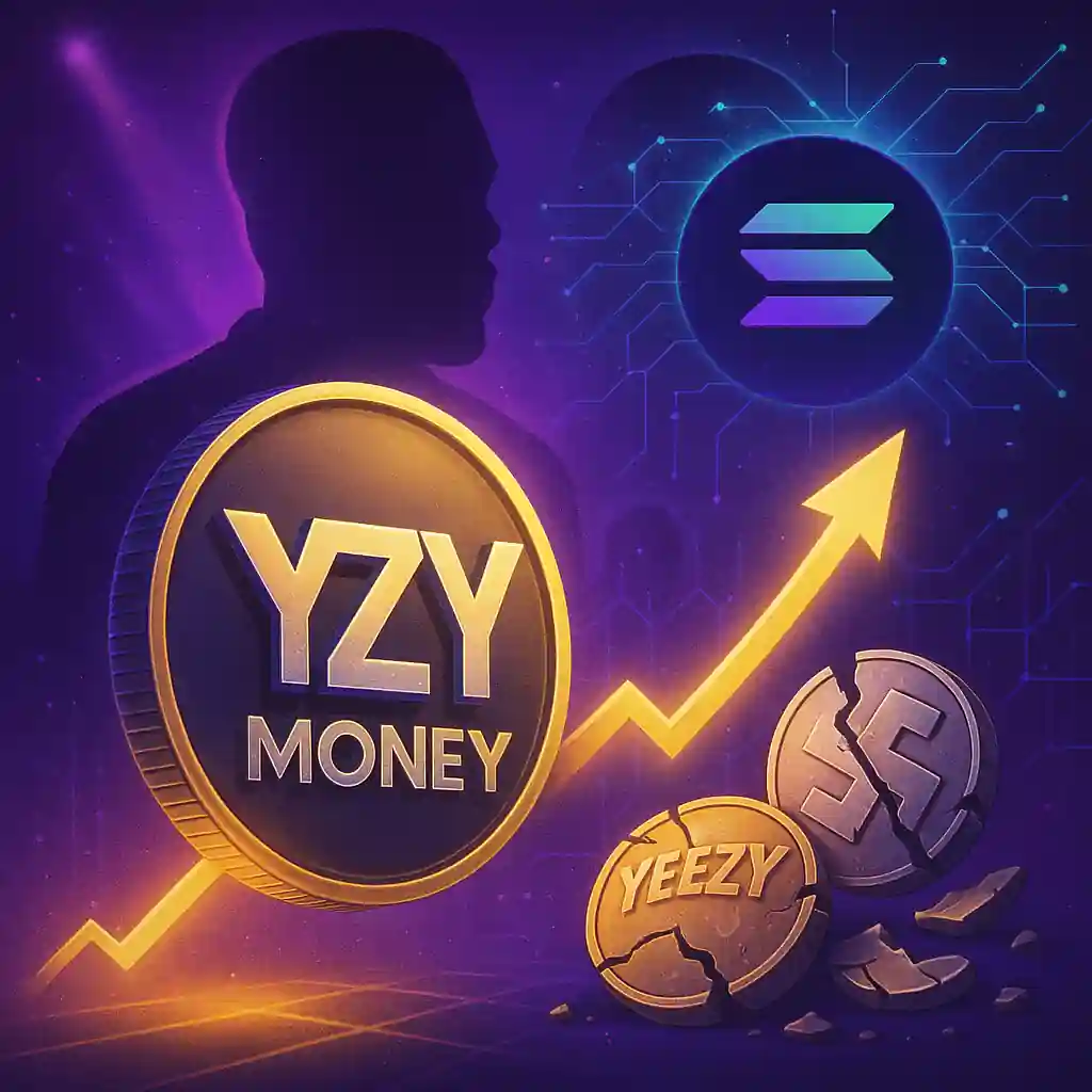 Illustration du lancement de la cryptomonnaie Kanye West YZY Money sur Solana, avec un jeton doré YZY, la silhouette de Ye et des fragments de Yeezy Coin et Swasticoin brisés.
