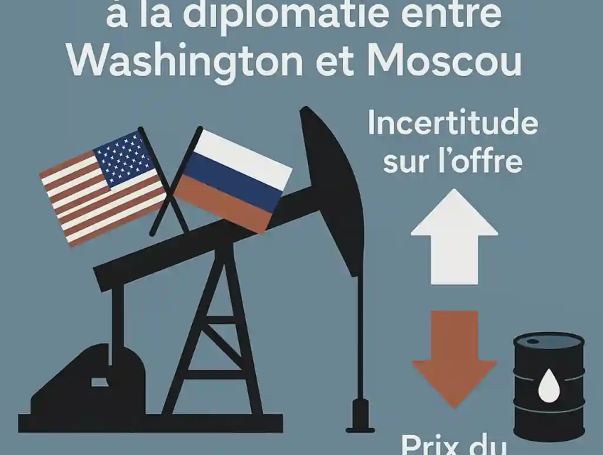 Illustration numérique représentant les relations diplomatiques entre Washington et Moscou, avec des éléments visuels liés au pétrole, aux drapeaux américain et russe, et à la fluctuation des prix du baril.