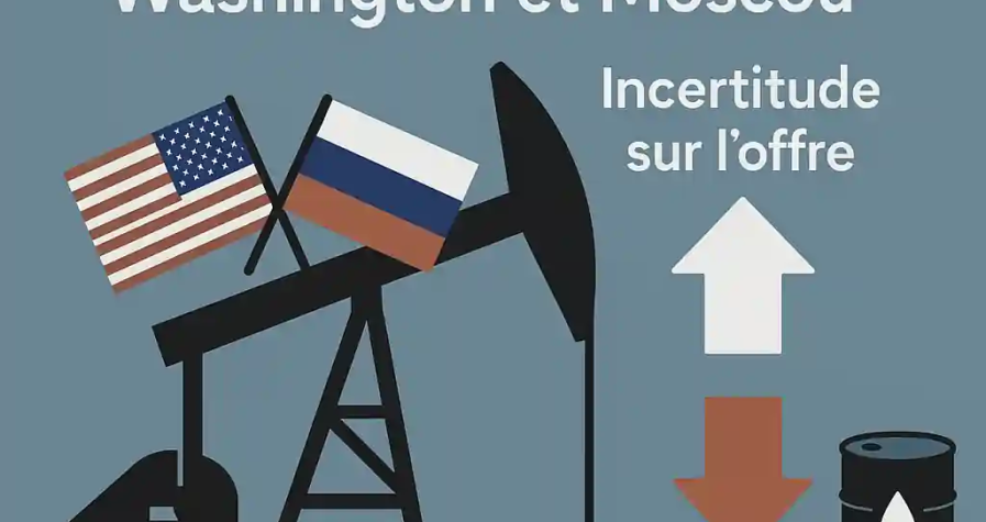 Illustration numérique représentant les relations diplomatiques entre Washington et Moscou, avec des éléments visuels liés au pétrole, aux drapeaux américain et russe, et à la fluctuation des prix du baril.