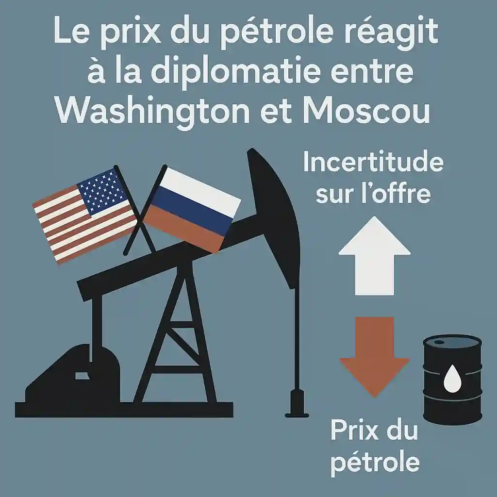 Illustration numérique représentant les relations diplomatiques entre Washington et Moscou, avec des éléments visuels liés au pétrole, aux drapeaux américain et russe, et à la fluctuation des prix du baril.
