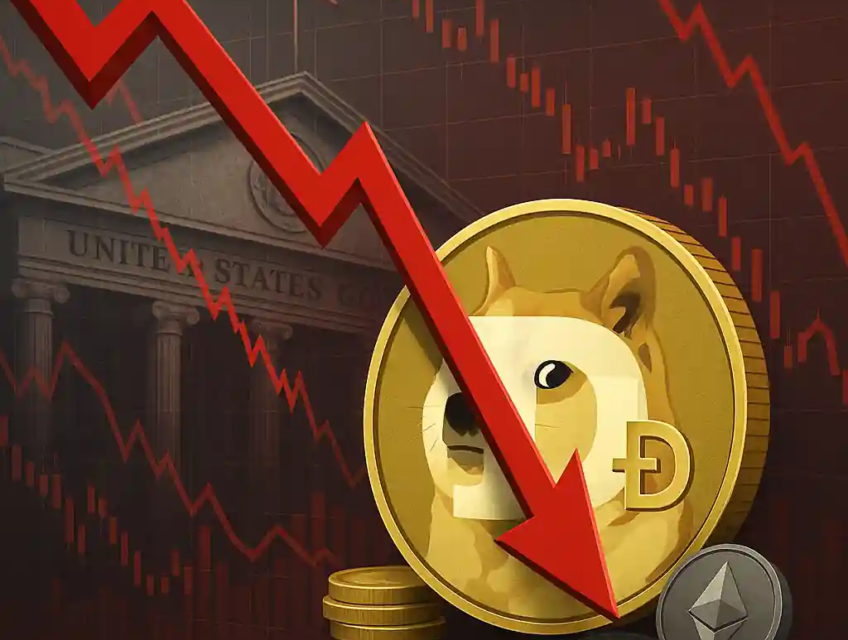 Dogecoin logo with red downward arrow and U.S. government building, showing market decline.