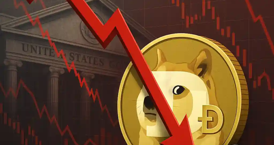 Dogecoin logo with red downward arrow and U.S. government building, showing market decline.