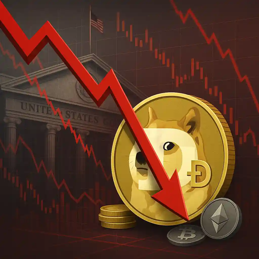 Dogecoin logo with red downward arrow and U.S. government building, showing market decline.