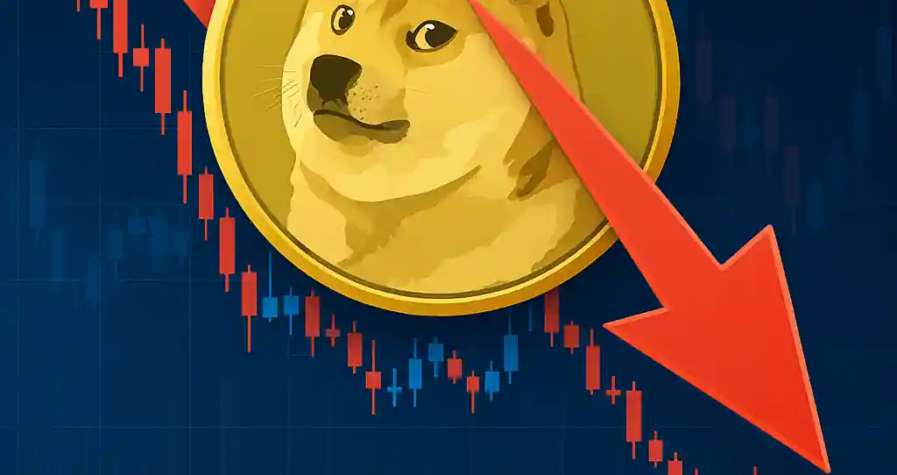 Dogecoin price drop visualized with logo, red arrow, and bearish candlestick chart after U.S. Treasury comments.