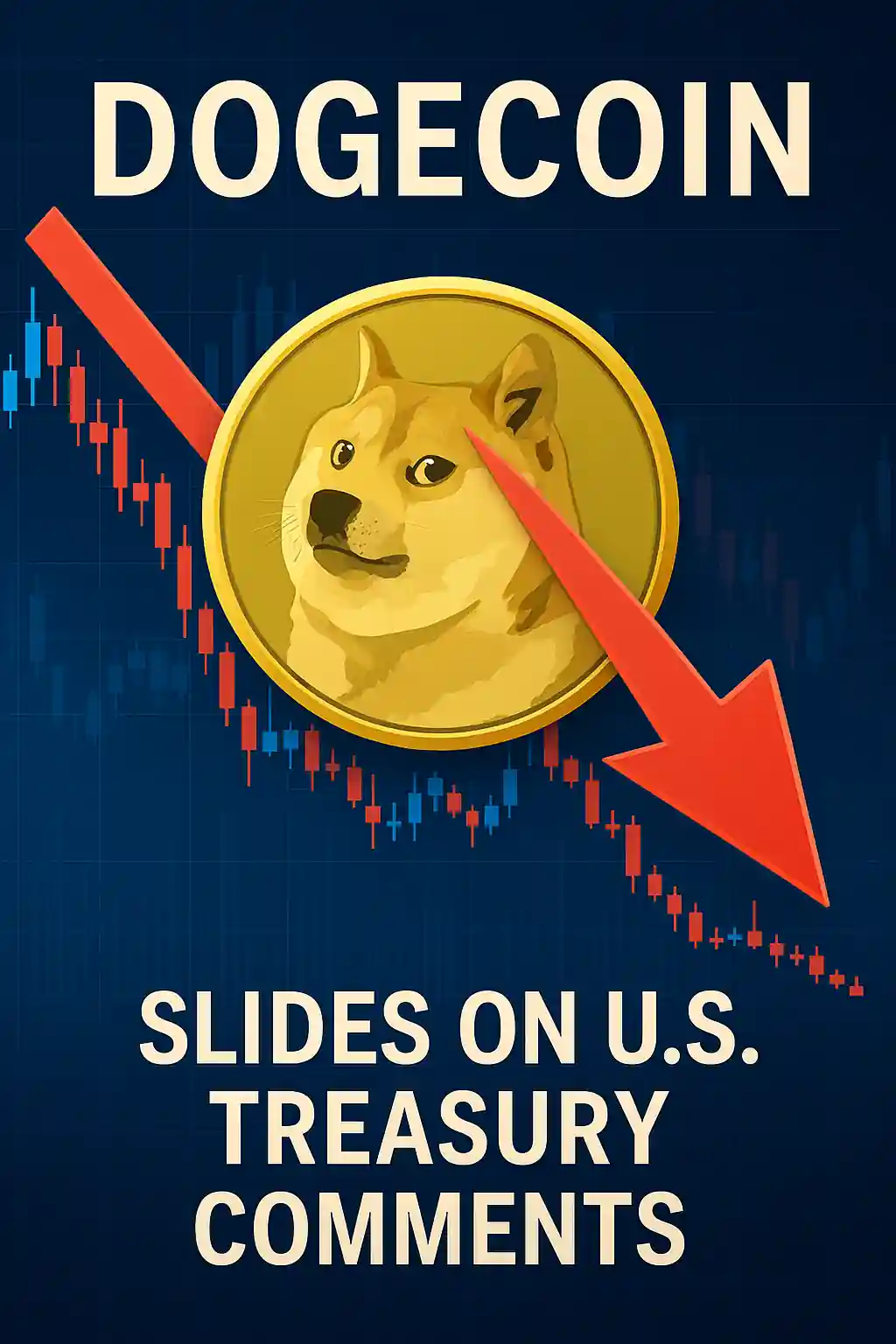 Dogecoin price drop visualized with logo, red arrow, and bearish candlestick chart after U.S. Treasury comments.
