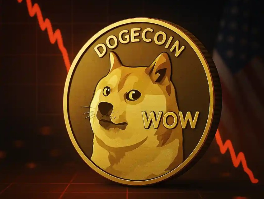 Pièce dorée Dogecoin avec le Shiba Inu emblématique, devant un graphique rouge en baisse et un drapeau américain flou.
