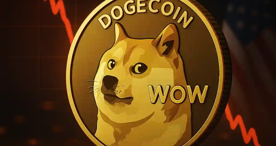 Pièce dorée Dogecoin avec le Shiba Inu emblématique, devant un graphique rouge en baisse et un drapeau américain flou.