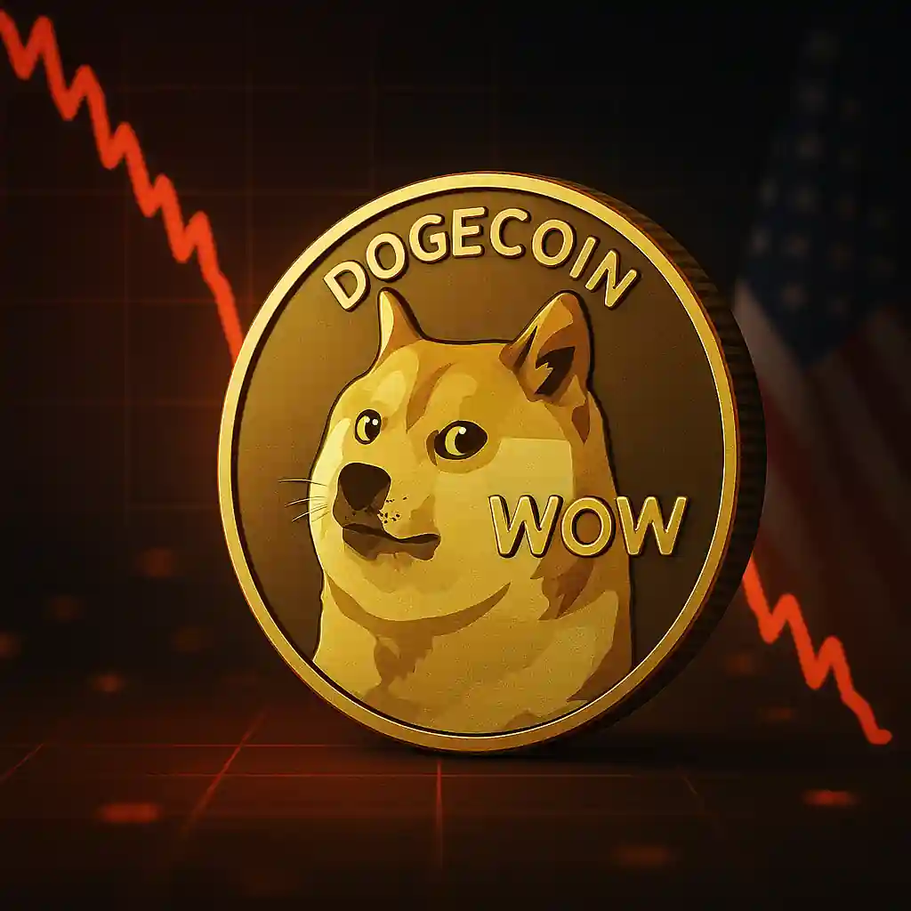 Pièce dorée Dogecoin avec le Shiba Inu emblématique, devant un graphique rouge en baisse et un drapeau américain flou.