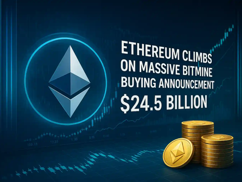 Ethereum price surge visualized with glowing logo, charts, and gold coins after $24.5B BitMine buying news.