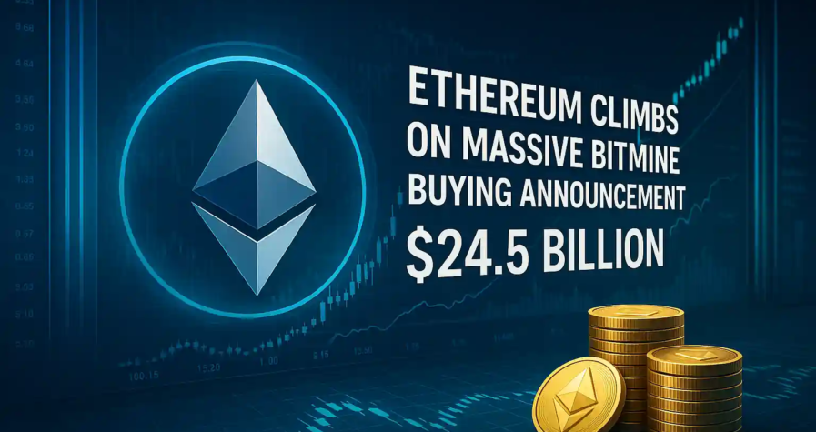 Ethereum price surge visualized with glowing logo, charts, and gold coins after $24.5B BitMine buying news.