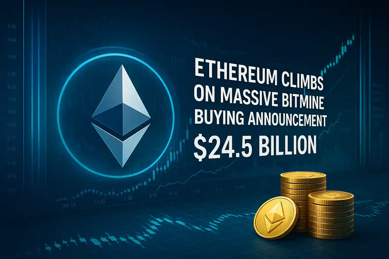 Ethereum price surge visualized with glowing logo, charts, and gold coins after $24.5B BitMine buying news.
