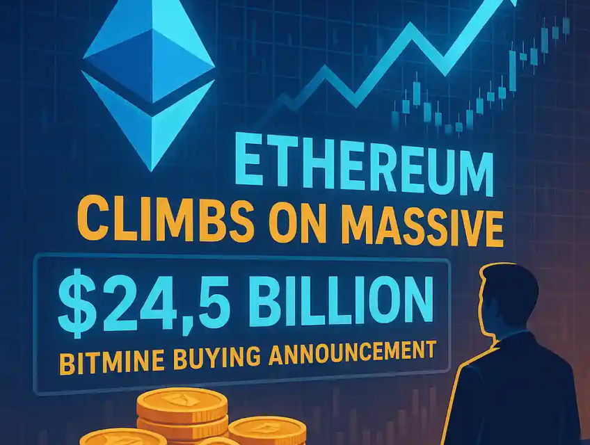 Ethereum price rises after BitMine’s $24.5 billion buying plan, illustrated with logo, charts, and gold coins.