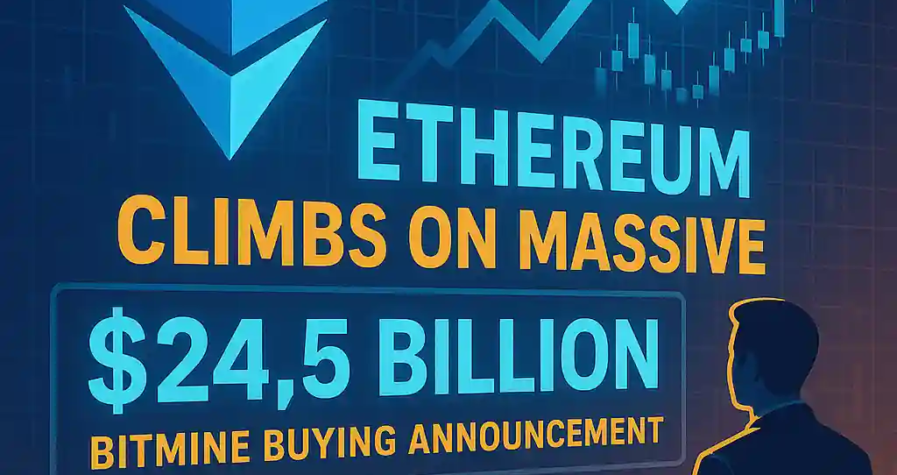 Ethereum price rises after BitMine’s $24.5 billion buying plan, illustrated with logo, charts, and gold coins.
