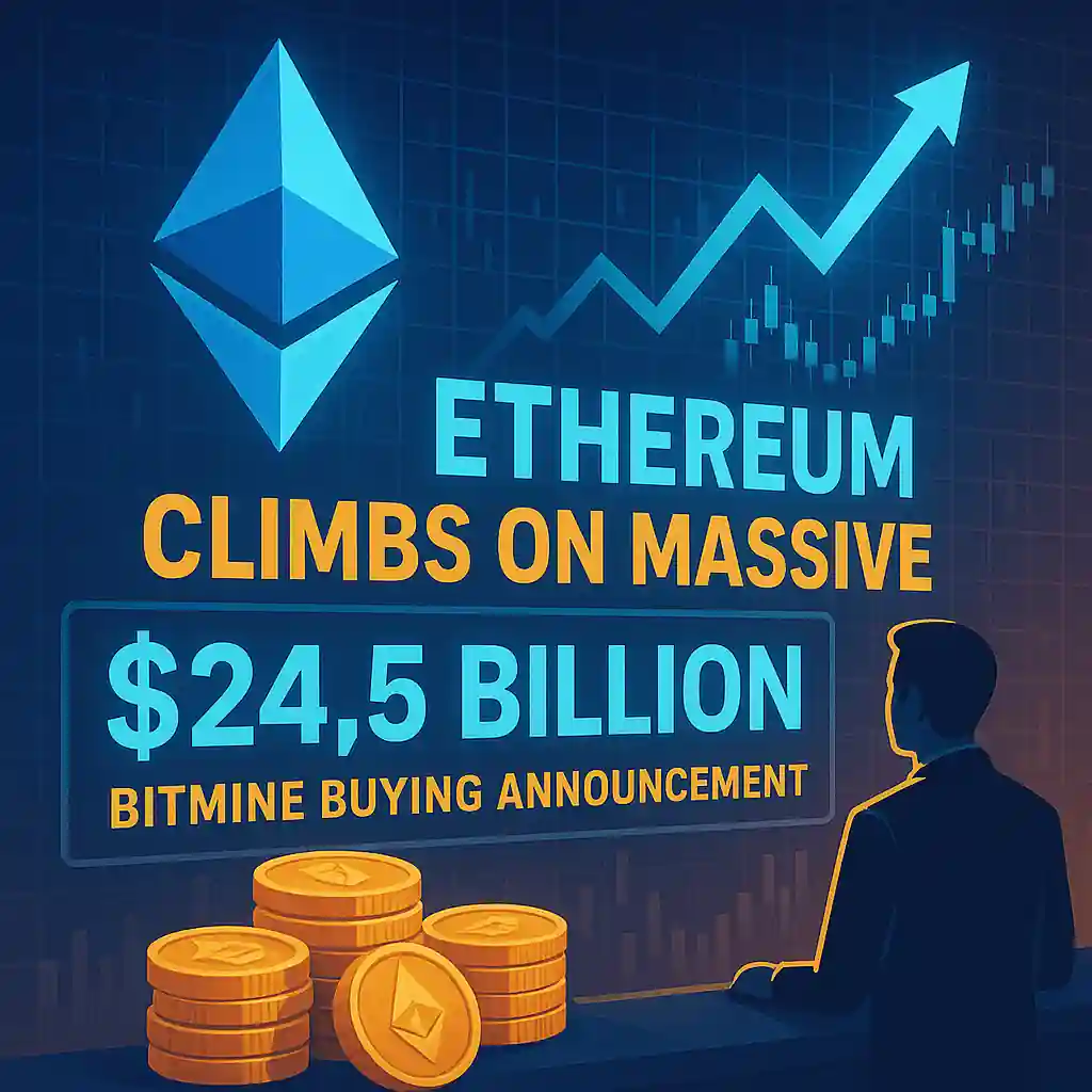 Ethereum price rises after BitMine’s $24.5 billion buying plan, illustrated with logo, charts, and gold coins.
