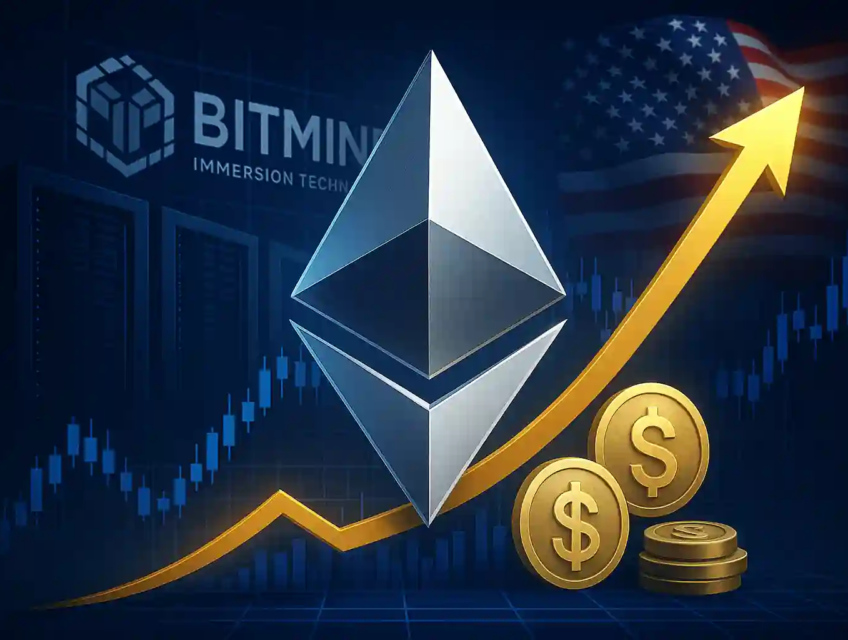 Illustration montrant le logo Ethereum argenté devant une courbe haussière dorée, avec le logo BitMine, le drapeau américain et des pièces symbolisant les stablecoins.