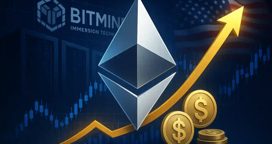Illustration montrant le logo Ethereum argenté devant une courbe haussière dorée, avec le logo BitMine, le drapeau américain et des pièces symbolisant les stablecoins.