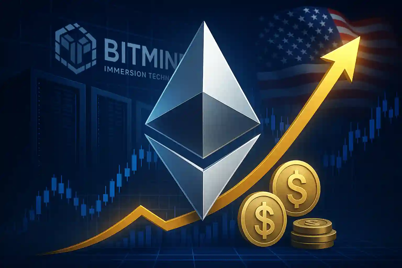 Illustration montrant le logo Ethereum argenté devant une courbe haussière dorée, avec le logo BitMine, le drapeau américain et des pièces symbolisant les stablecoins.