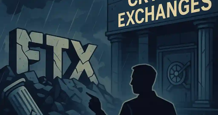 Illustration of FTX collapse debris with a figure pointing at a crypto exchange building, symbolizing transparency risks.