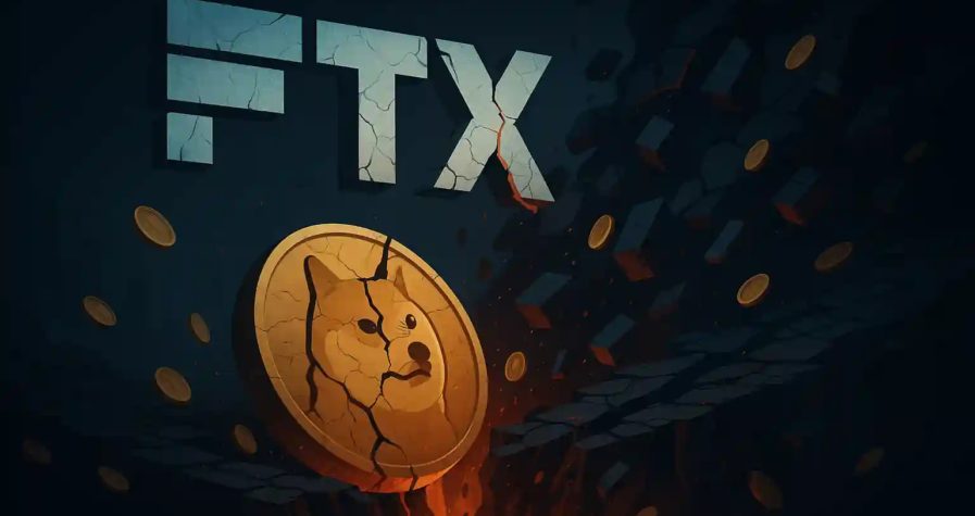 Logo fissuré de FTX s’effondrant dans un gouffre, entouré de jetons crypto brisés.