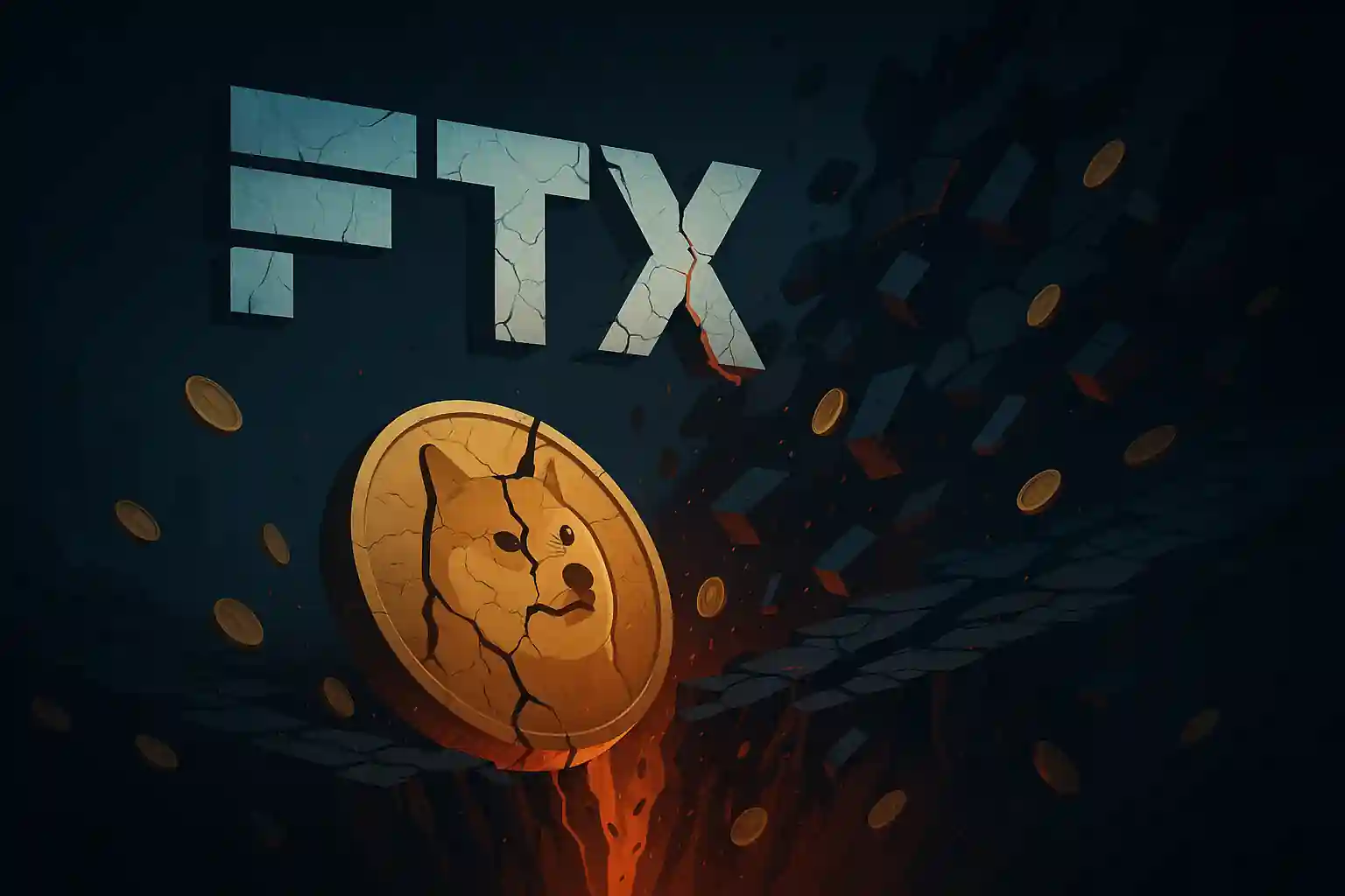 Logo fissuré de FTX s’effondrant dans un gouffre, entouré de jetons crypto brisés.