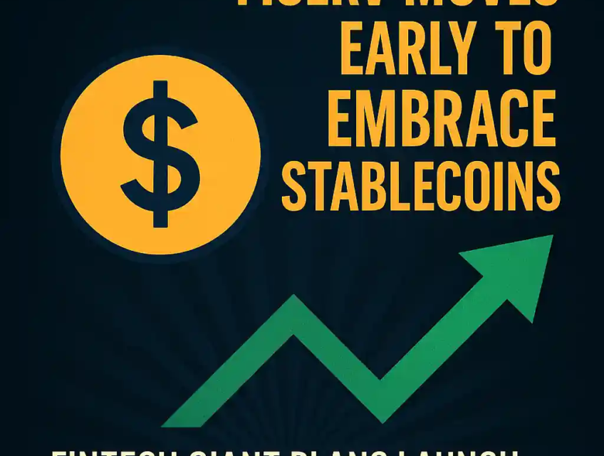 A bold infographic with a dollar sign icon and an upward green arrow, announcing Fiserv’s early adoption of stablecoins.