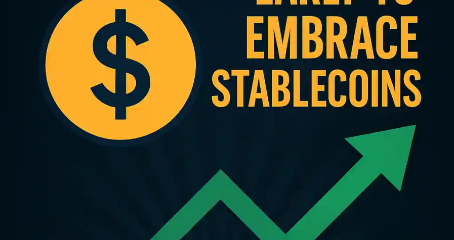 A bold infographic with a dollar sign icon and an upward green arrow, announcing Fiserv’s early adoption of stablecoins.