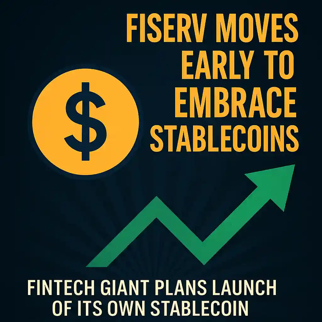 A bold infographic with a dollar sign icon and an upward green arrow, announcing Fiserv’s early adoption of stablecoins.
