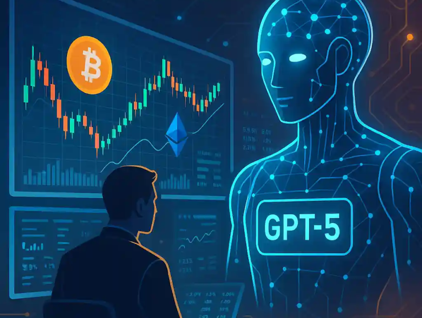 Futuristic illustration of GPT-5 AI assisting a crypto trader with Bitcoin and Ethereum charts.