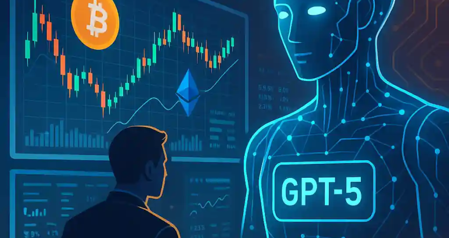 Futuristic illustration of GPT-5 AI assisting a crypto trader with Bitcoin and Ethereum charts.