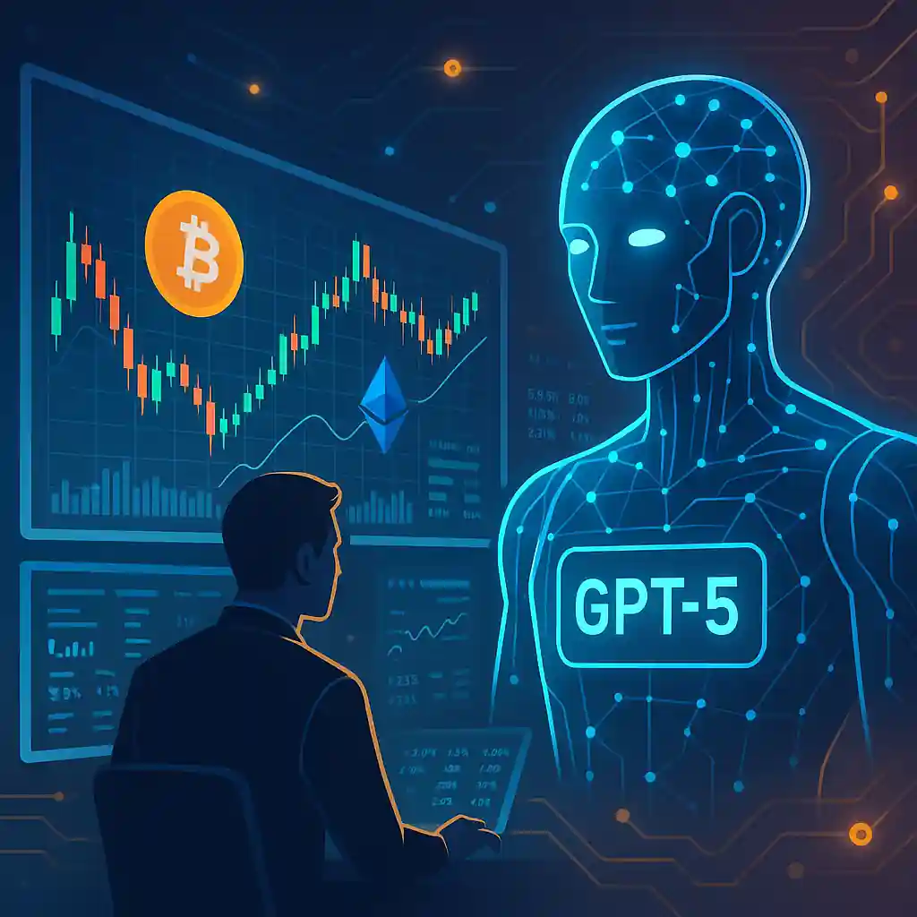 Futuristic illustration of GPT-5 AI assisting a crypto trader with Bitcoin and Ethereum charts.