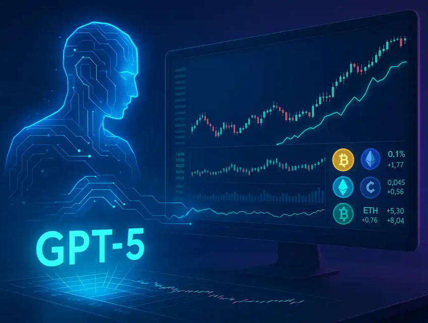 Hologramme futuriste de GPT-5 analysant des graphiques de trading crypto en temps réel.
