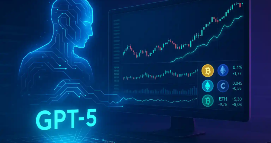 Hologramme futuriste de GPT-5 analysant des graphiques de trading crypto en temps réel.