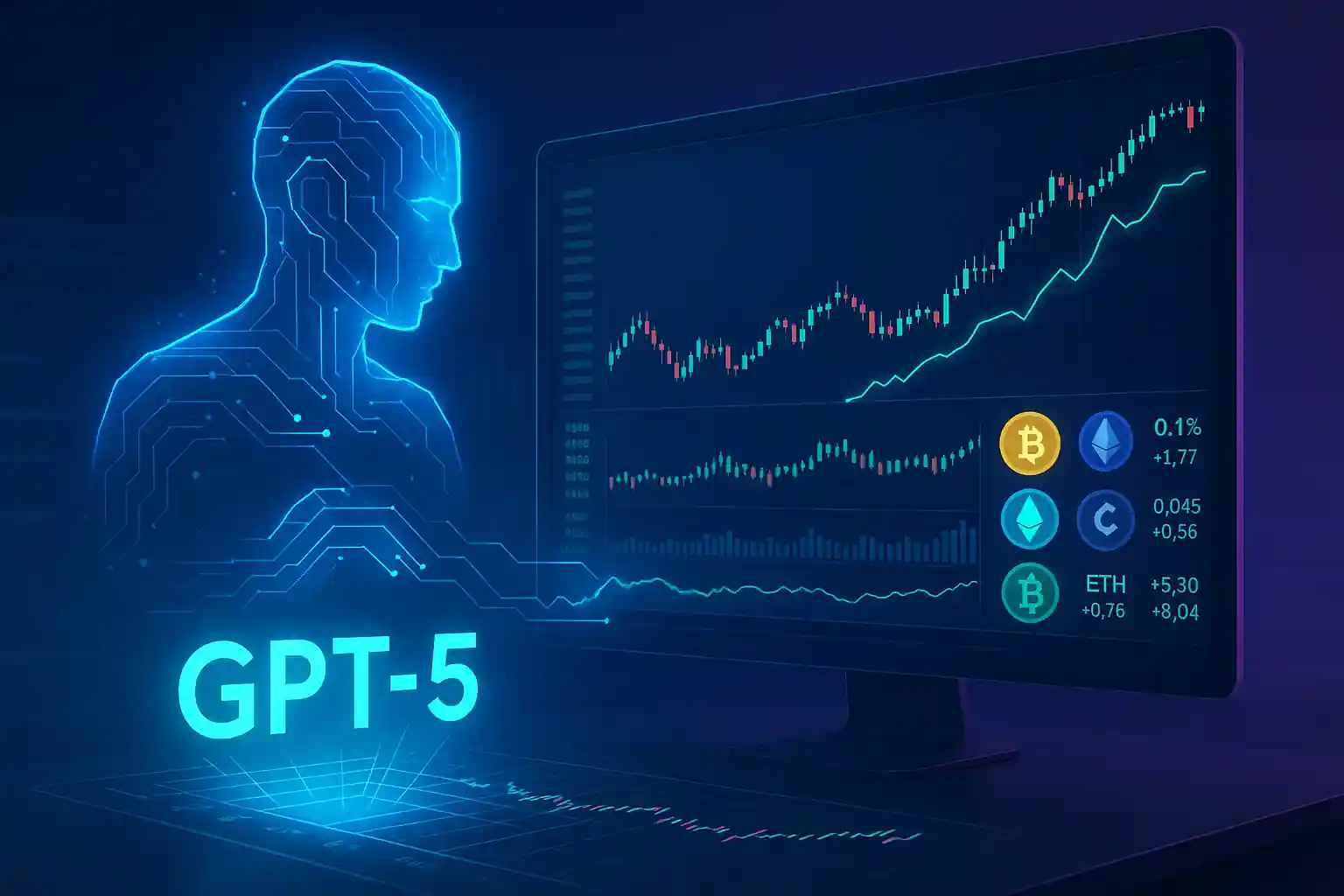 Hologramme futuriste de GPT-5 analysant des graphiques de trading crypto en temps réel.