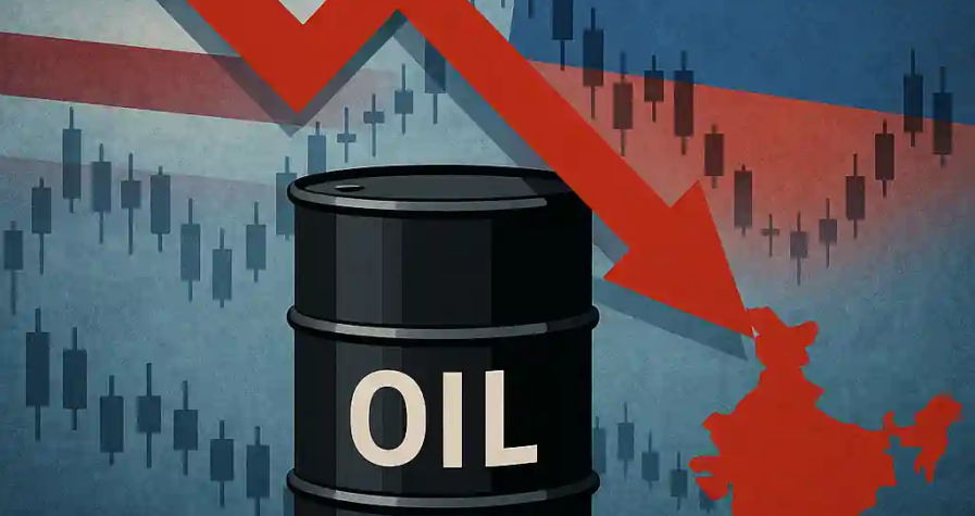 Digital illustration showing an oil barrel, a downward red arrow, and flags of the U.S. and Russia with India's silhouette, symbolizing geopolitical impact on oil markets.
