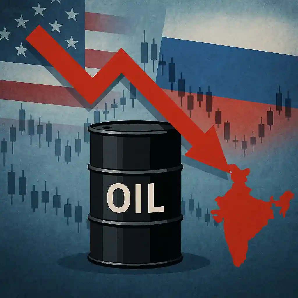Digital illustration showing an oil barrel, a downward red arrow, and flags of the U.S. and Russia with India's silhouette, symbolizing geopolitical impact on oil markets.
