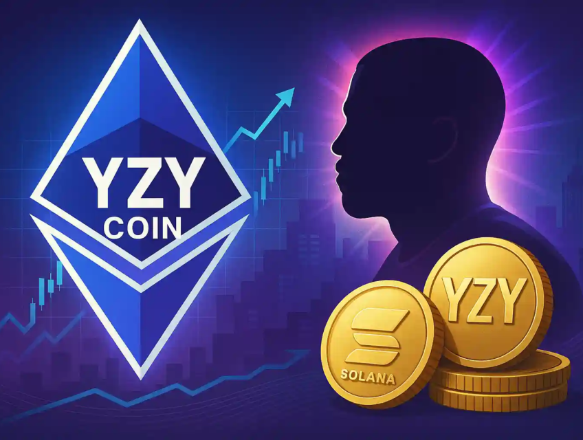Digital artwork of Kanye West silhouette with YZY Coin and Solana tokens, symbolizing official crypto launch.