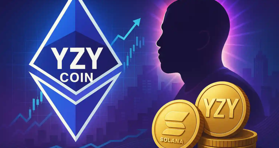 Digital artwork of Kanye West silhouette with YZY Coin and Solana tokens, symbolizing official crypto launch.