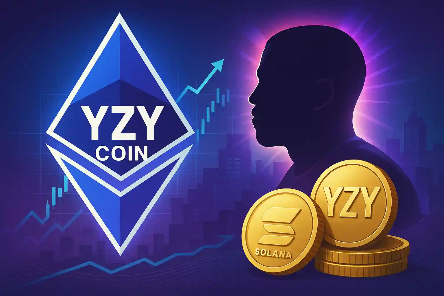 Digital artwork of Kanye West silhouette with YZY Coin and Solana tokens, symbolizing official crypto launch.