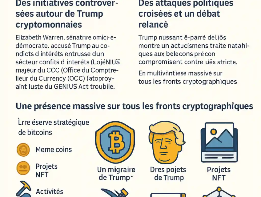 Infographie en flat design représentant Donald Trump entouré de symboles cryptographiques comme le Bitcoin, les NFT, les stablecoins et des jetons étiquetés « USD1 » et « DeFi », illustrant son implication croissante dans l’industrie des cryptomonnaies.