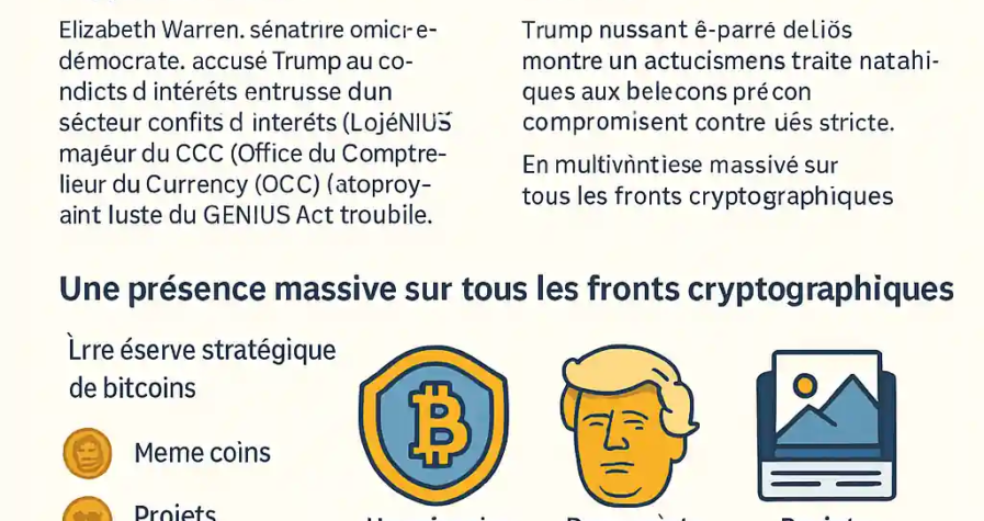 Infographie en flat design représentant Donald Trump entouré de symboles cryptographiques comme le Bitcoin, les NFT, les stablecoins et des jetons étiquetés « USD1 » et « DeFi », illustrant son implication croissante dans l’industrie des cryptomonnaies.