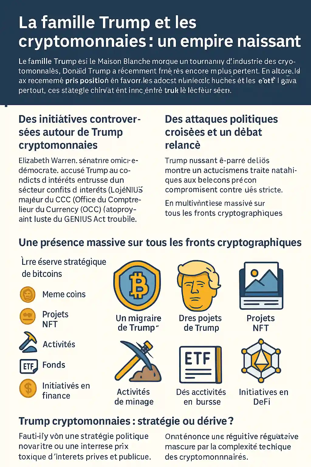 Infographie en flat design représentant Donald Trump entouré de symboles cryptographiques comme le Bitcoin, les NFT, les stablecoins et des jetons étiquetés « USD1 » et « DeFi », illustrant son implication croissante dans l’industrie des cryptomonnaies.