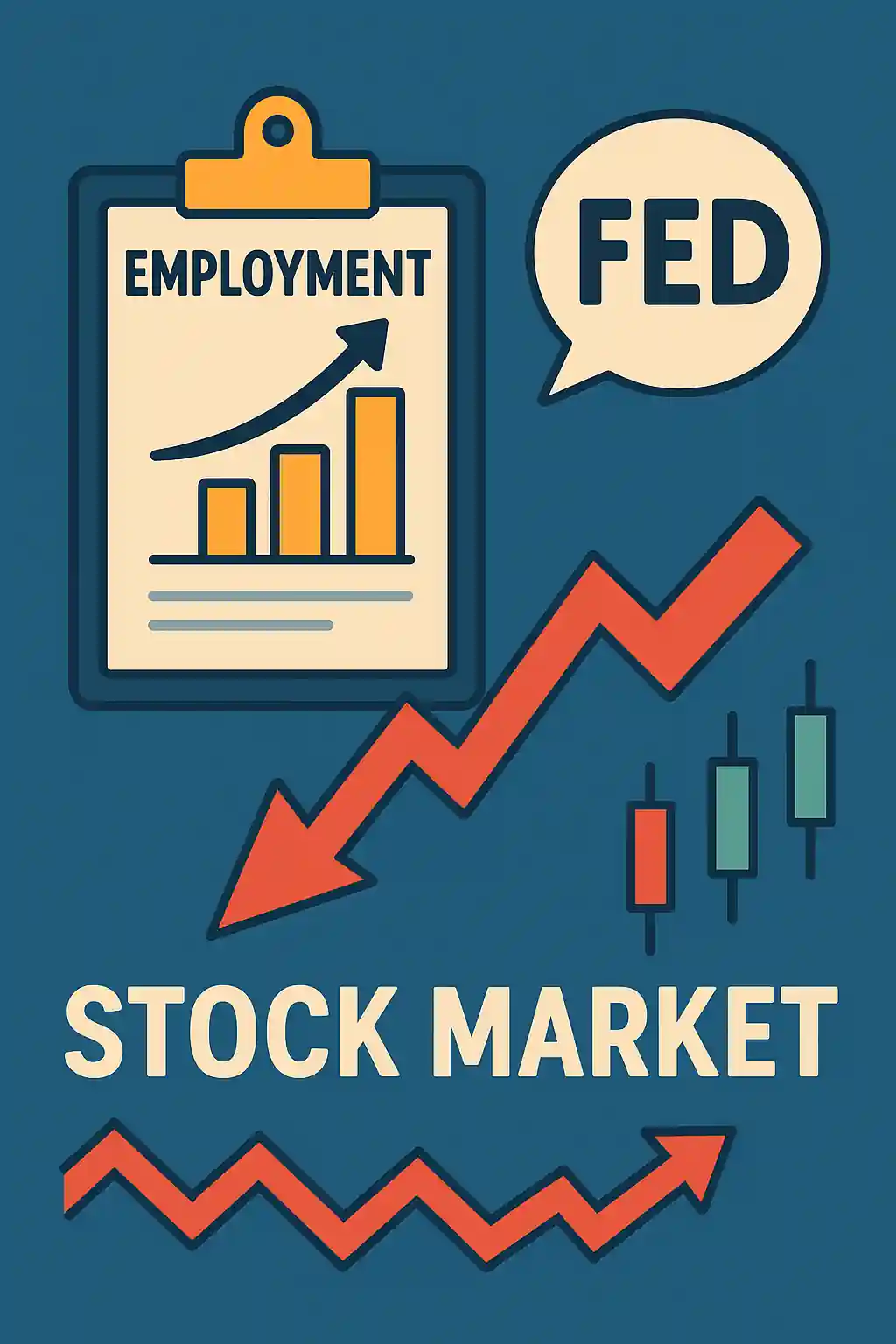 Illustration montrant un rapport sur l'emploi avec une courbe ascendante, le mot 'FED' et des éléments boursiers sur fond bleu.