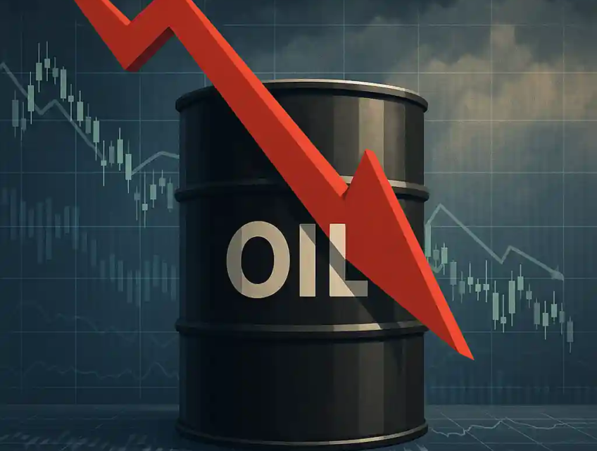 A black oil barrel with a red downward arrow against stormy skies and financial charts, symbolizing oil market uncertainty.