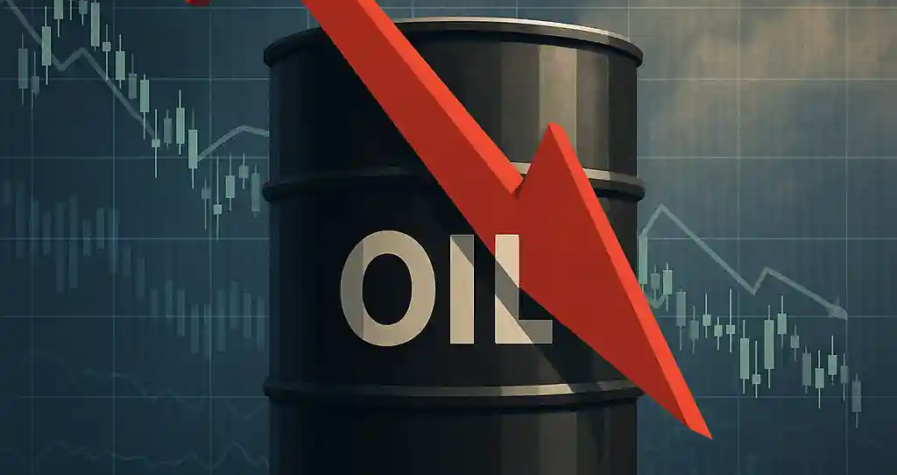 A black oil barrel with a red downward arrow against stormy skies and financial charts, symbolizing oil market uncertainty.