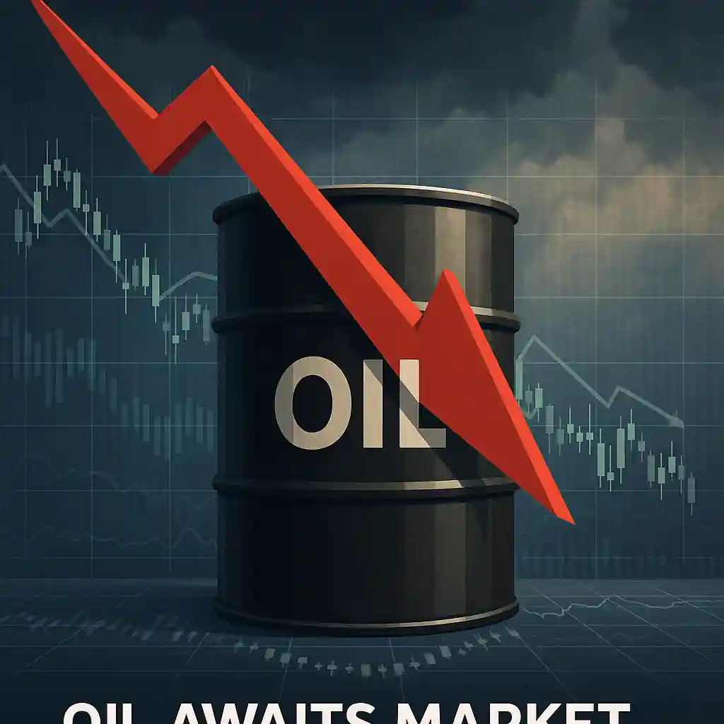 A black oil barrel with a red downward arrow against stormy skies and financial charts, symbolizing oil market uncertainty.