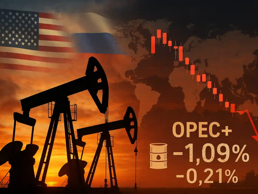 Oil pump jacks at sunset with US and Russian flags, market charts showing declining crude prices, and OPEC+ supply data overlay.