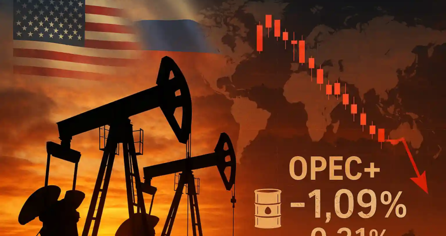 Oil pump jacks at sunset with US and Russian flags, market charts showing declining crude prices, and OPEC+ supply data overlay.