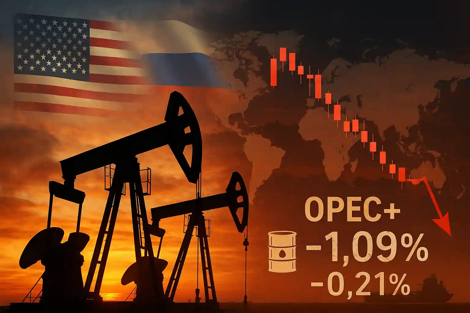Oil pump jacks at sunset with US and Russian flags, market charts showing declining crude prices, and OPEC+ supply data overlay.