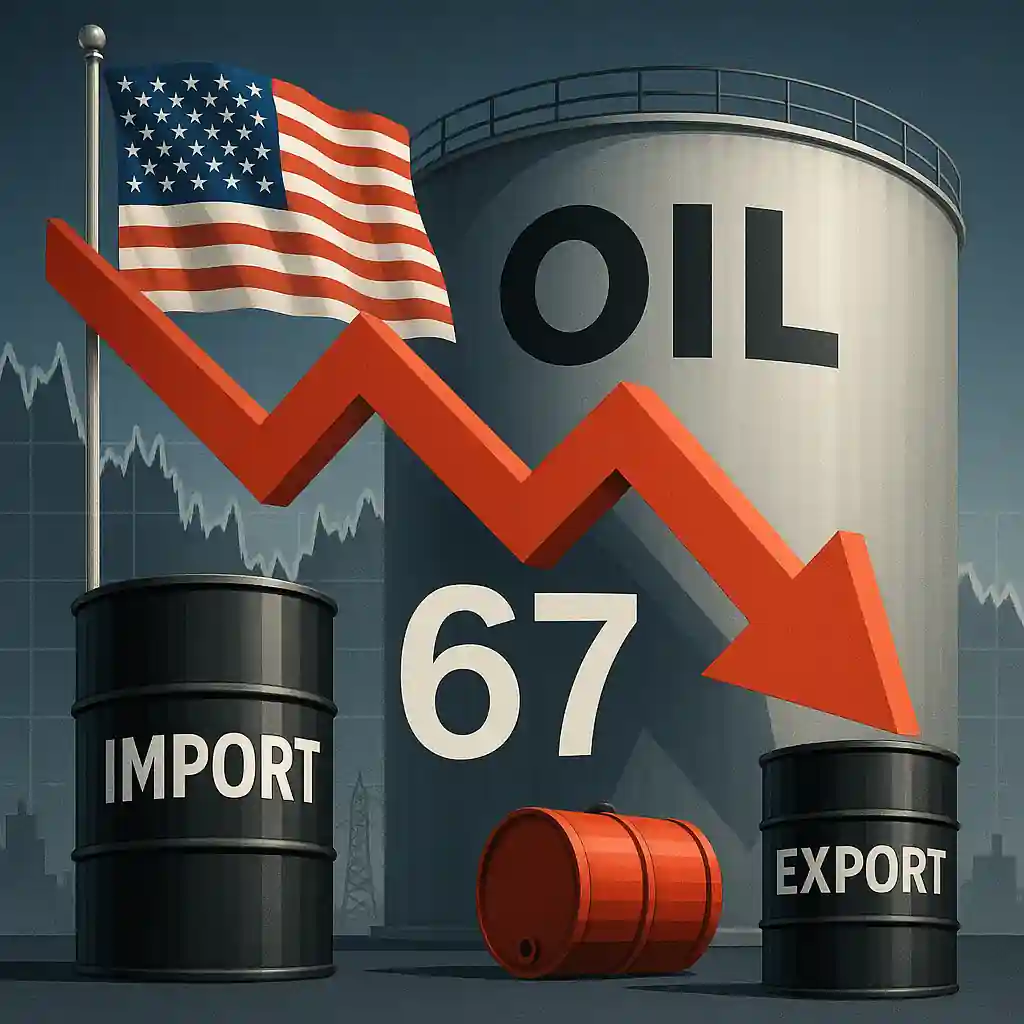 A symbolic digital illustration showing a red downward arrow crossing over a barrel of oil, with financial charts and a gloomy sky in the background, representing falling oil prices due to U.S. economic weakness and oversupply concerns.
